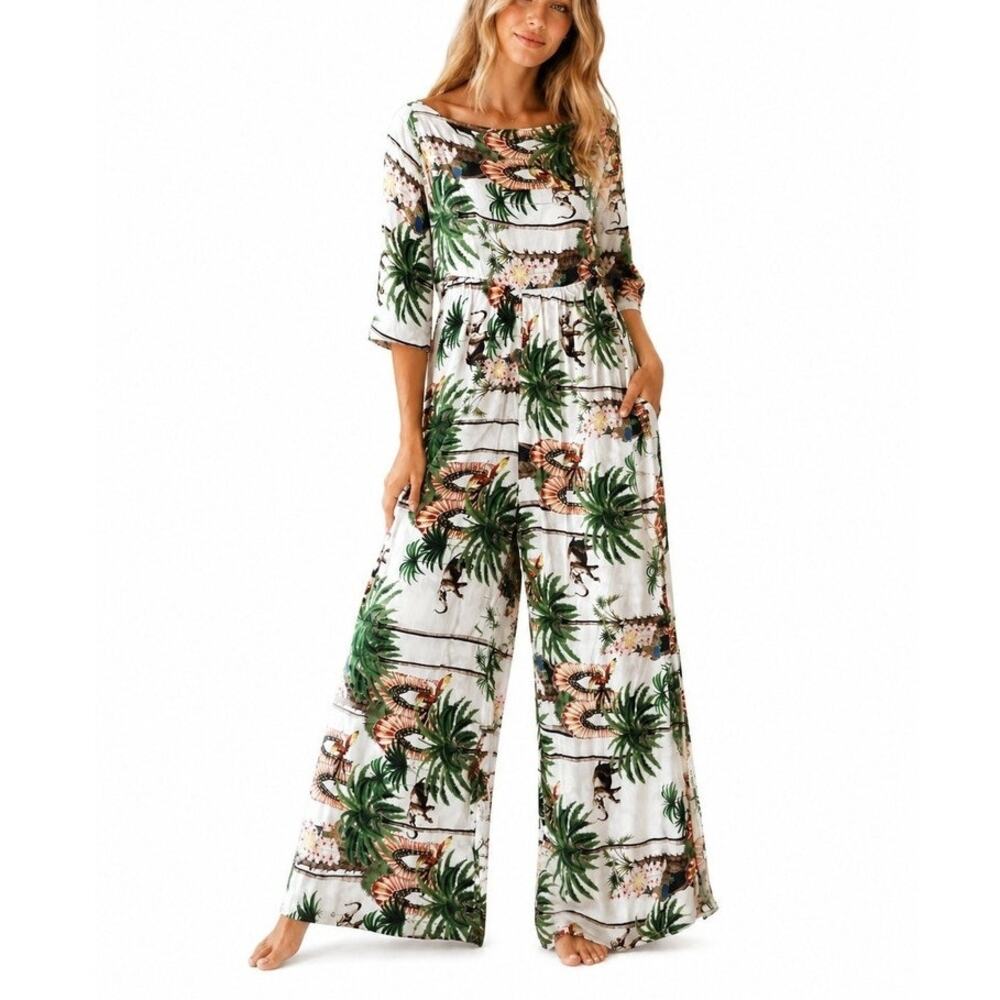 Jaase Anthropologie Bold Colorful Tropical Animal Print Wide Leg Cute Jumpsuit